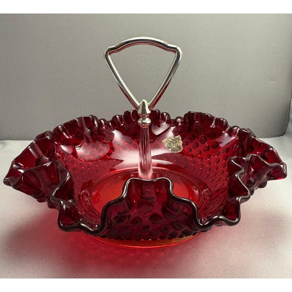Vintage Fenton Ruby Red Hobnail Candy Dish Silver Handle Compote w/ Label